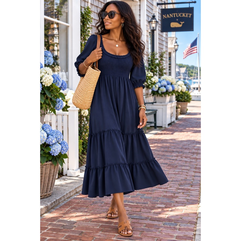 Hill House Home The Louisa Nap Dress Navy Blue Cottagecore Smocked Midi XL